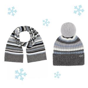 MICHAEL KORS SCARF & HAT WOMEN'S TWEED SHAKER STRIPE SCARF & STRIPED RIBBED HAT